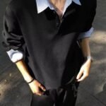 Men's Faux Two-Piece Shirt Collar Sweatshirt, Autumn Trendy Loose Fit High-End Heavyweight Long-Sleeve T-Shirt Casual Top