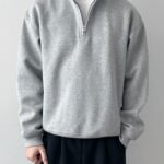 WIE STUDIO minimalist style half-zip stand collar sweatshirt for men, gray loose fit, versatile casual jacket, long sleeve top