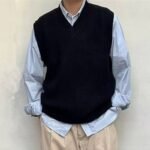 Japanese style knitted sweater vest, trendy loose fit, versatile sleeveless jacket, luxurious V-neck knitted vest.